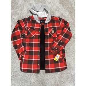 Boy's Youth XL Carhartt Sherpa Lined Snap Front Plaid Flannel Hooded Jacket NEW